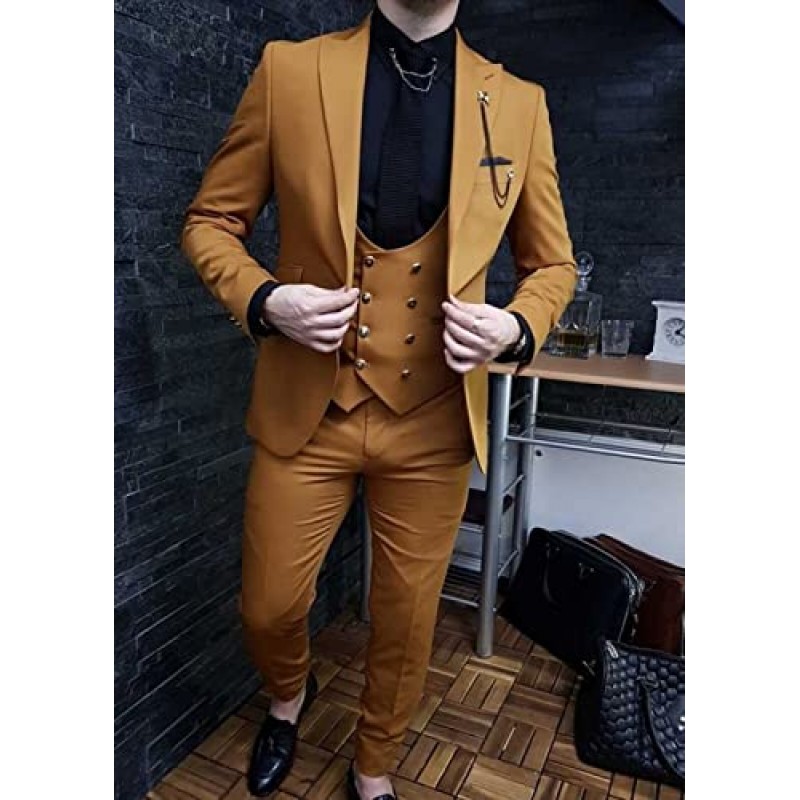 Wangyue 남자 정장 3 조각 슬림 맞는 정장 남성용 더블 브레스트 정장 남자 비즈니스 웨딩 댄스 파티 턱시도 정장