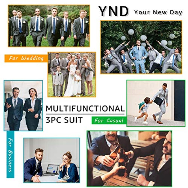 YND 남성용 3 피스 슬림 피트 웨딩 턱시도 세트, 피크 라펠 원 버튼 정장 재킷, 나비 넥타이가 달린 더블 브레스트 조끼 바지