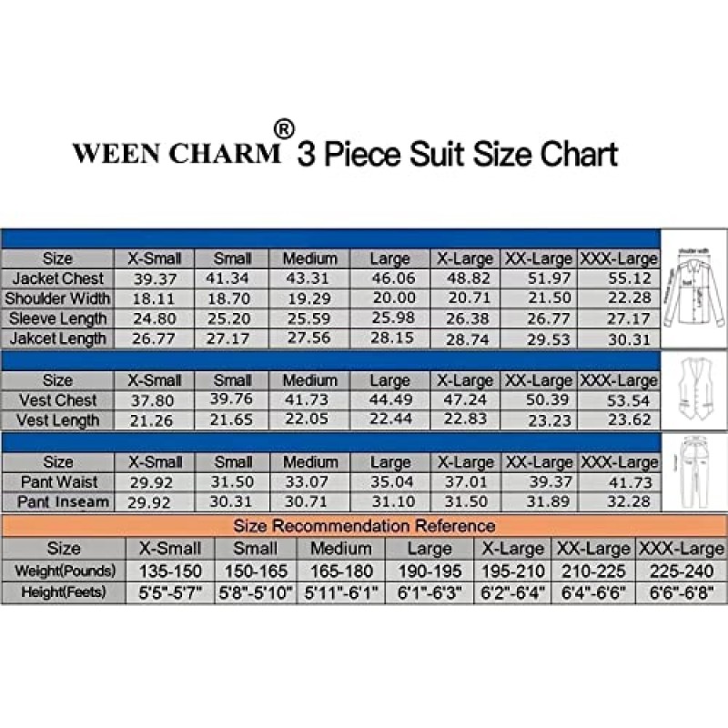 WEEN CHARM 남성용 정장 슬림 피트, 남성용 3 피스 슈트, 넥타이가 달린 2 버튼 블레이저 자켓 조끼 바지, 남성용 턱시도 정장 세트