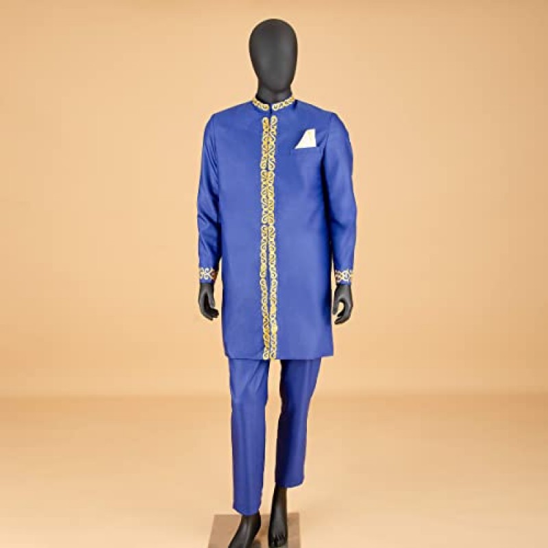 남성용 아프리카 정장 재킷과 바지 2 피스 세트 Dashiki Blazer with Kerchief Bazin Riche Kaftan Wedding Evening