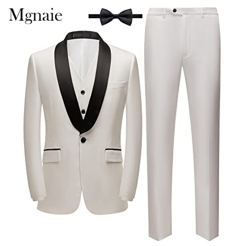Mgnaie Mens 3 피스 정장 슬림 피트 숄 라펠 원 버튼 공식 자켓 조끼 바지 세트 & 보우 타이 2023