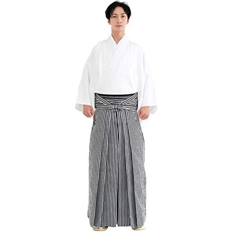 KYOETSU 남성용 일본식 기모노 하오리 재킷 하카마 바지 3피스 세트(가몬 가문 문장 포함)