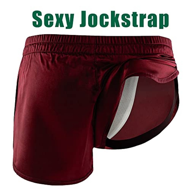 Rexcyril 남성 복서 Jockstrap 섹시한 속옷, 실키 새틴 스플릿 사이드 체육관 러닝 액티브 반바지