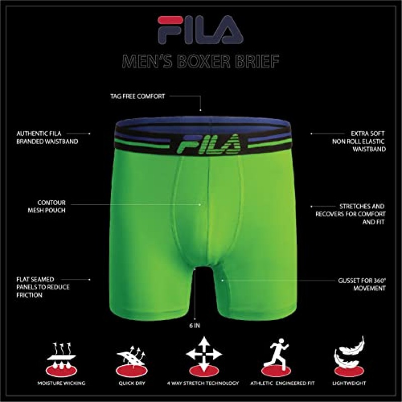 Fila 남성용 6인치 복서 브리프(플라이 프론트 없음), 95% 코튼, 5% 스판덱스 브리프, 4팩