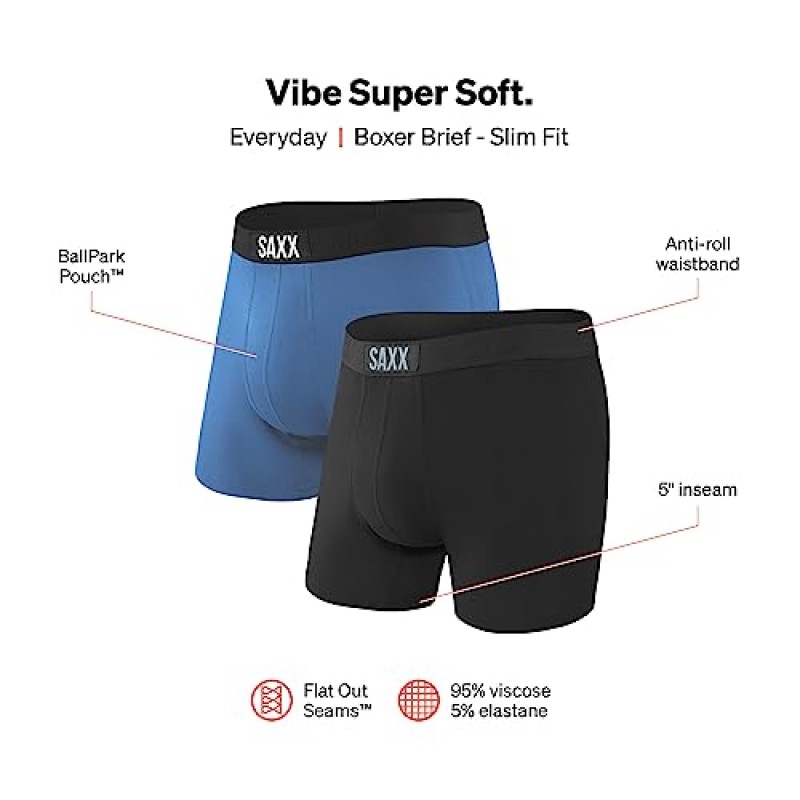 SAXX 남성 속옷 – 파우치 지지대가 내장된 VIBE 슈퍼 소프트 복서 브리프 – 2개 팩, 레이서 블루/블랙, 라지
