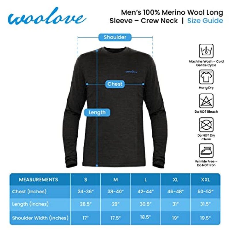 Woollove100% 메리노 울 베이스 레이어 - 남성용 긴 소매 크루넥 셔츠 190g - 중간 무게, 냄새 방지, 보온