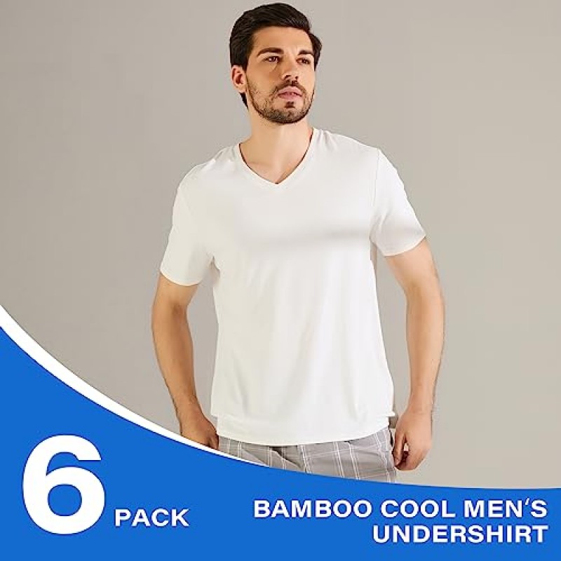 BAMBOO COOL 남성용 스트레치 V 넥 티셔츠, 통기성 및 수분 흡수, 6팩 소프트 언더셔츠