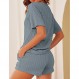 Ekouaer 여성용 2피스 라운지 세트 리브 니트 매칭 의상 티셔츠 및 반바지 세트 잠옷 라운지웨어 캐주얼 잠옷