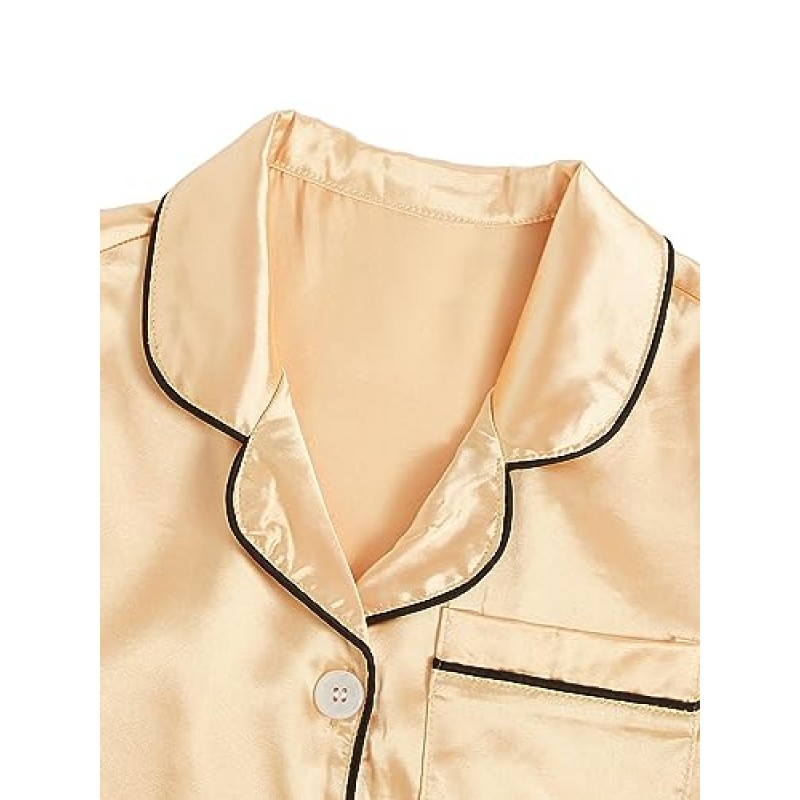 WDIRARA 여성용 새틴 잠옷 반소매 단추 셔츠 및 반바지 파자마 세트 실키 PJ