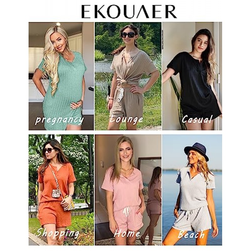 Ekouaer Womens 2 Piece 라운지 세트 리브 니트 파자마 탑 잠옷 스웨트 슈트 매칭 반바지와 포켓