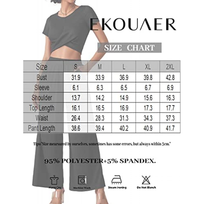 Ekouaer Womens Pajama 세트 2 피스 라운지 세트 반팔 복장 세트 리브 매듭 크롭 탑 포켓이 있는 와이드 레그 팬츠