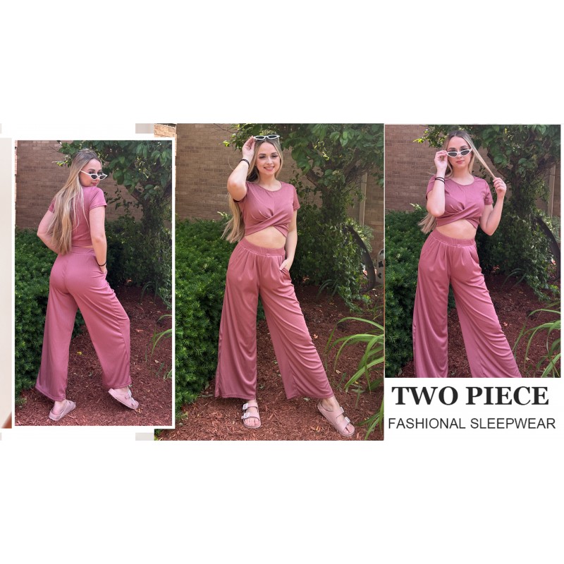 Ekouaer Womens Pajama 세트 2 피스 라운지 세트 반팔 복장 세트 리브 매듭 크롭 탑 포켓이 있는 와이드 레그 팬츠