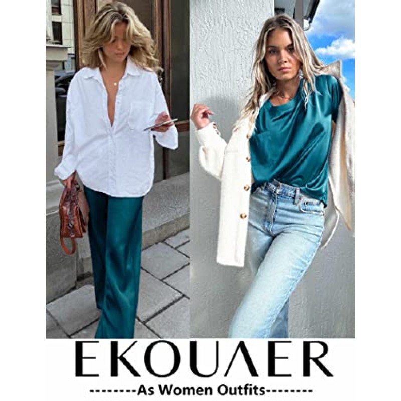 Ekouaer Womens 새틴 실키 파자마 세트 긴 파자마 바지 세트가있는 짧은 소매 셔츠 Soft PJ Loungewear