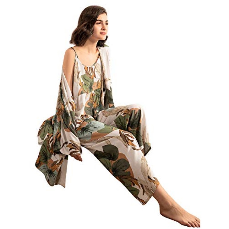 WDIRARA 여성용 잠옷 리프 프린트 캐미 및 바지 파자마 세트 3개(예복 포함)