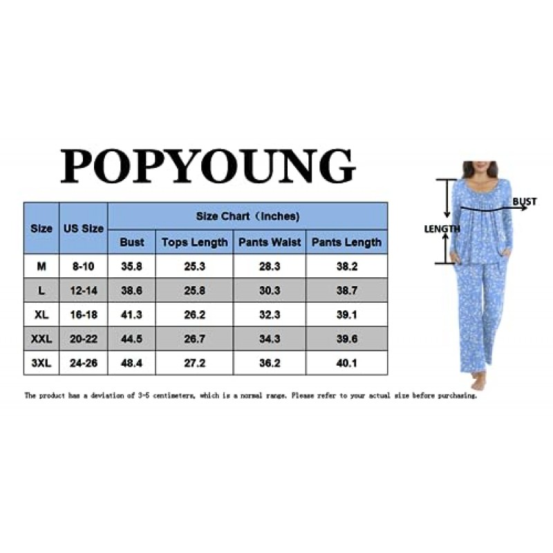 POPYOUNG 2피스 여성 가을-겨울 파자마 세트, 라운지 잠옷 여성용 파자마 세트(포켓 포함)