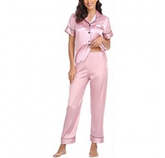 여성용 새틴 잠옷 세트 2 피스 Pj 세트 잠옷 노치 칼라 반팔 티셔츠 긴 바지가있는 버튼 다운 라운지웨어
