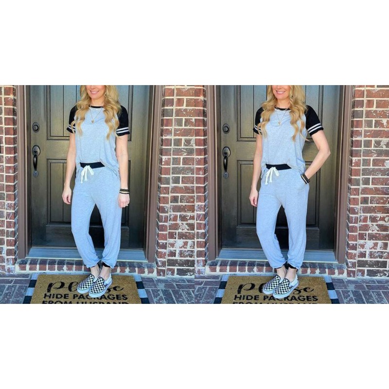 AUTOMET 라운지 세트 여성용 투피스 복장 Loungewear 반소매 Crewneck Jogger Pajama Set and Sweatpants Tracksuit