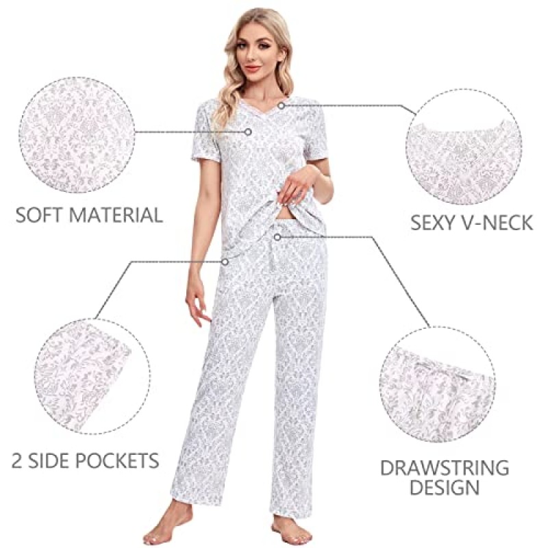 IZZY + TOBY 여성용 파자마 세트 긴 소매 잠옷 프린트 나이트웨어 포켓이 있는 소프트 파자마 라운지 세트