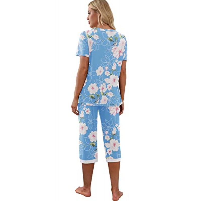 PrinStory 여성용 파자마 세트 반소매 셔츠와 카프리 바지 포켓이 있는 잠옷 파자마 세트