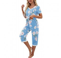 PrinStory 여성용 파자마 세트 반소매 셔츠와 카프리 바지 포켓이 있는 잠옷 파자마 세트