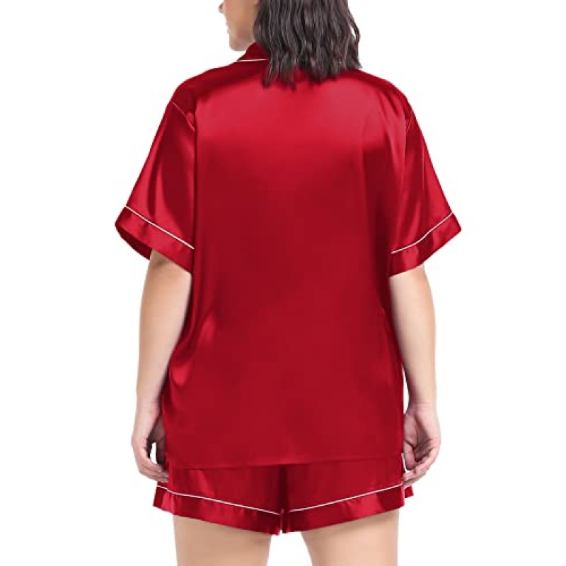 SWOMOG 여성용 플러스 사이즈 잠옷 세트 실크 새틴 잠옷 버튼 다운 라운지웨어 세트 반소매 셔츠와 반바지 잠옷