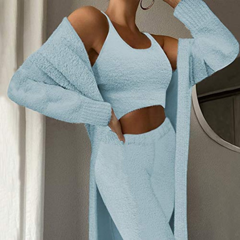 여성의 섹시한 퍼지 잠옷 3 피스 복장 세트 따뜻한 양털 자르기 조끼 탑 와이드 레그 팬츠와 카디건 라운지웨어