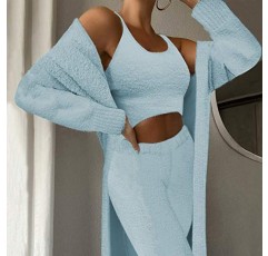 여성의 섹시한 퍼지 잠옷 3 피스 복장 세트 따뜻한 양털 자르기 조끼 탑 와이드 레그 팬츠와 카디건 라운지웨어