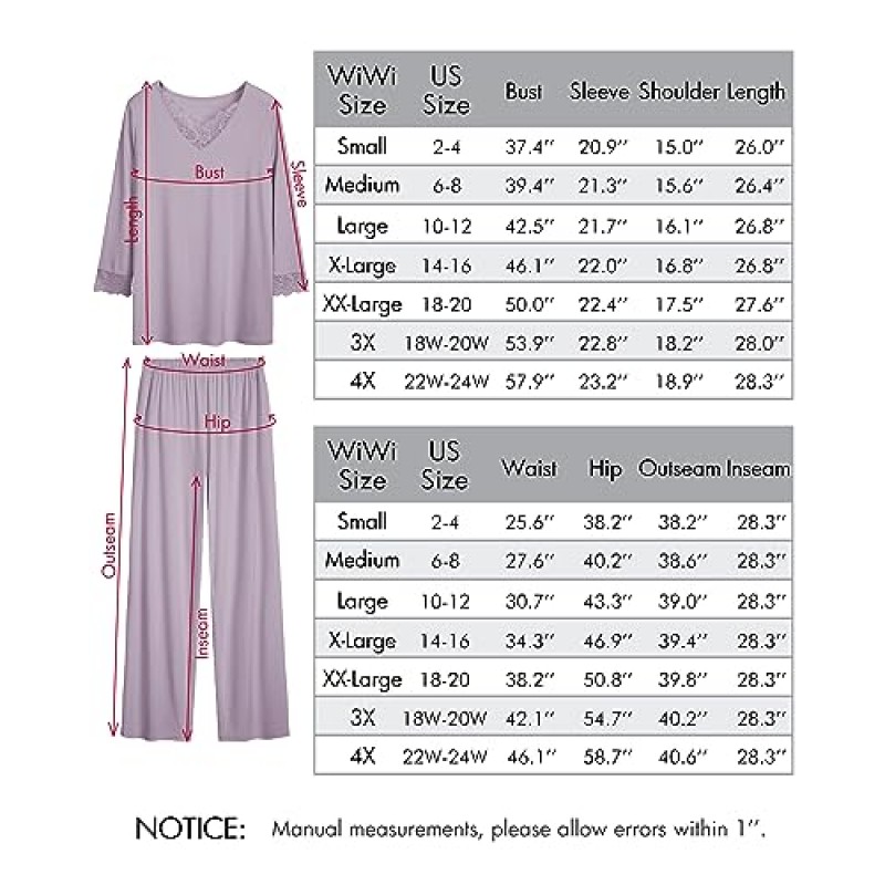 WiWi 대나무 부드러운 잠옷 세트 여성용 긴 소매 잠옷 느슨한 편안한 Pjs 세트 바지 플러스 사이즈 Loungewear S-4X