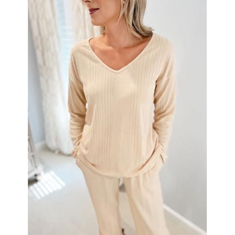 Ekouaer Womens Ribbed Knit Pajamas 세트 V 넥 긴 소매 Pj 세트 매칭 의상 탑 & 바지 Loungewear 캐주얼 스웨트 슈트