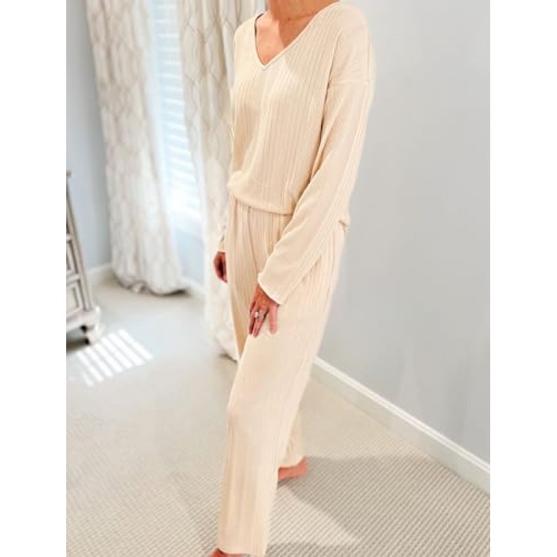 Ekouaer Womens Ribbed Knit Pajamas 세트 V 넥 긴 소매 Pj 세트 매칭 의상 탑 & 바지 Loungewear 캐주얼 스웨트 슈트