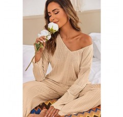 Ekouaer Womens Ribbed Knit Pajamas 세트 V 넥 긴 소매 Pj 세트 매칭 의상 탑 & 바지 Loungewear 캐주얼 스웨트 슈트