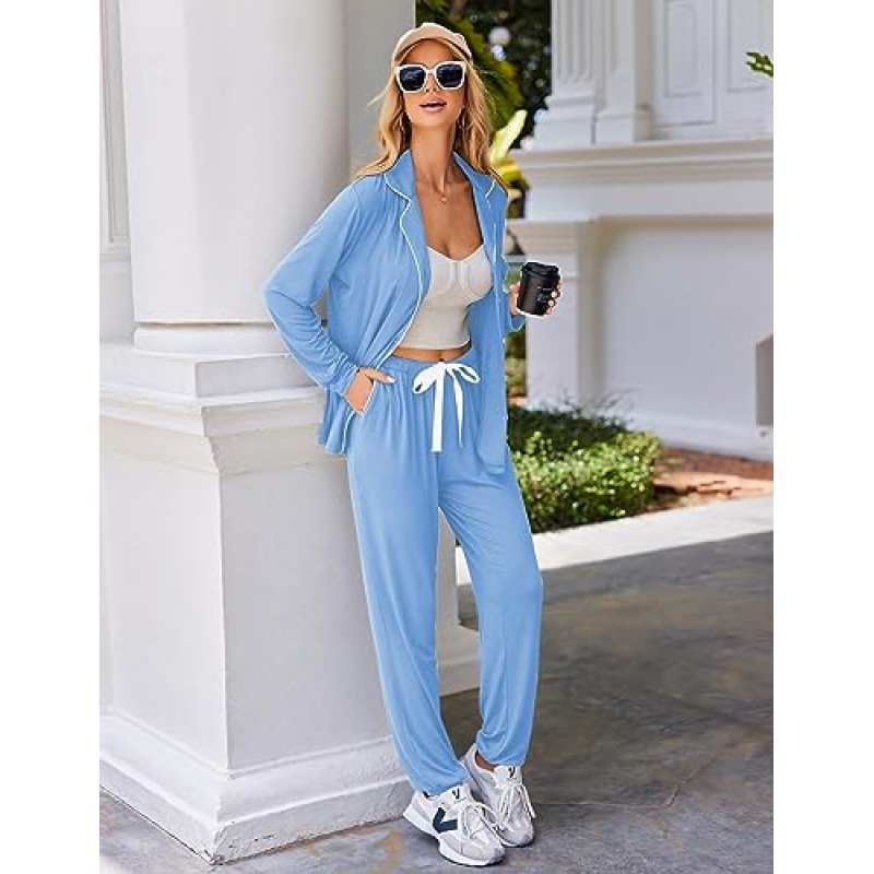 Ekouaer 잠옷 세트 긴 소매 잠옷 Womens Button Down Nightwear Soft Pj Loungewear 세트(포켓 포함)