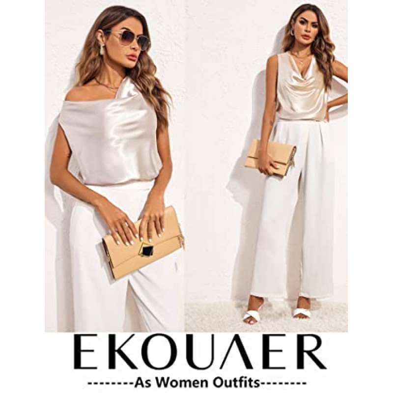 Ekouaer Womens 새틴 실키 파자마 세트 긴 파자마 바지 세트가있는 카울 넥 민소매 탑 Soft PJ Loungewear