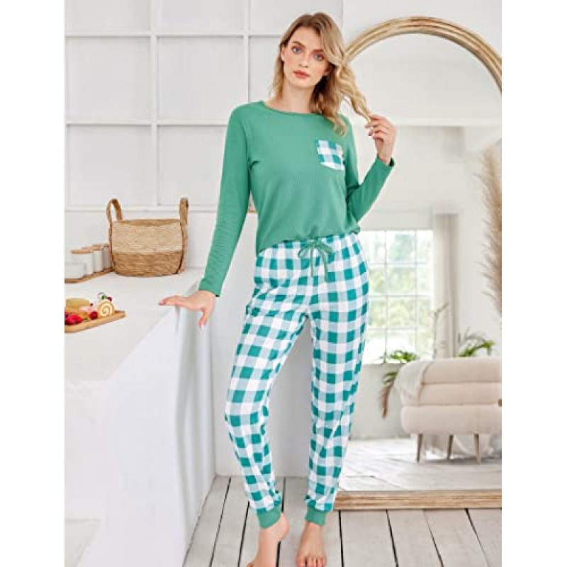 Ekouaer Womens Pajama 세트 긴 소매 잠옷 격자 무늬 프린트 바지 Nightwear Soft Pjs 라운지 세트 (포켓 포함)