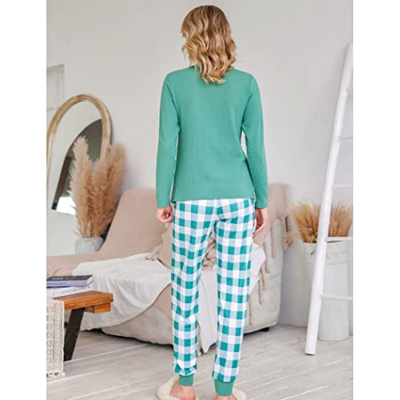 Ekouaer Womens Pajama 세트 긴 소매 잠옷 격자 무늬 프린트 바지 Nightwear Soft Pjs 라운지 세트 (포켓 포함)