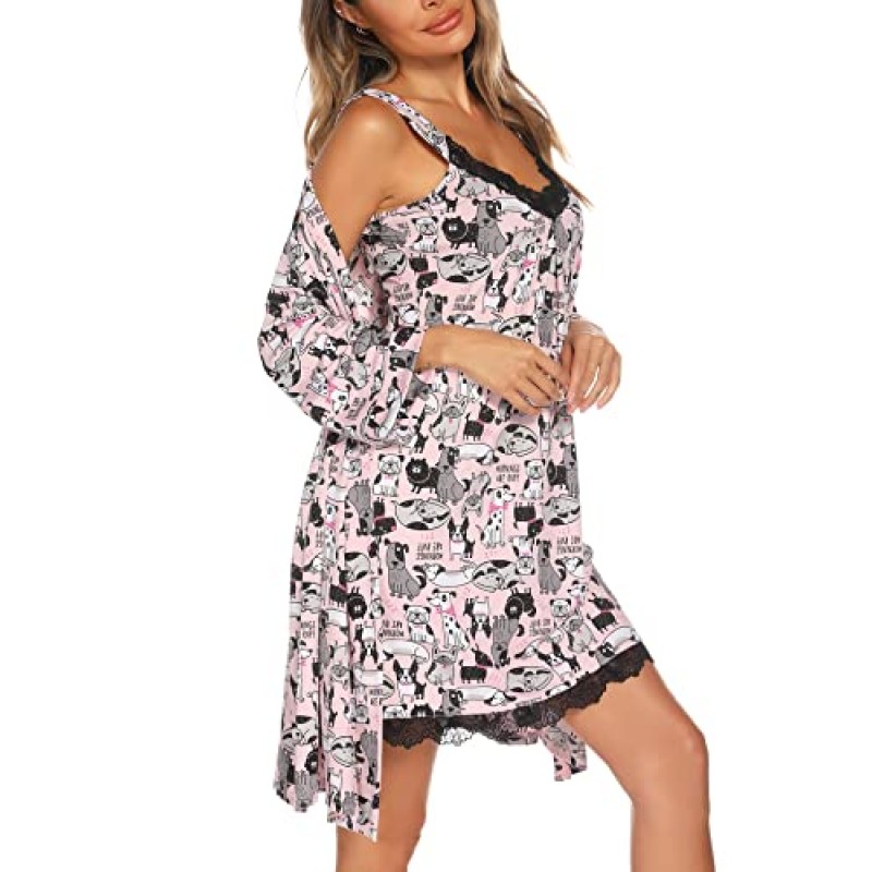 ENJOYNIGHT 여성 가운 세트 섹시한 v 넥 2 조각 란제리 잠옷 가운 잠옷 세트 레이스 캐미 잠옷