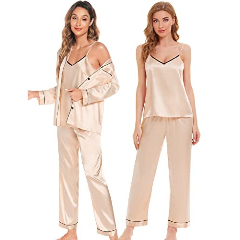 SWOMOG Womens 4pcs 잠옷 세트 실크 새틴 잠옷 버튼 다운 긴 소매 Loungewear 섹시한 Cami Pjs Nightwear