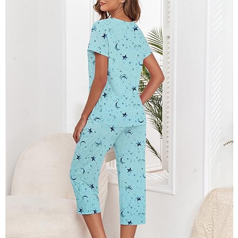 여성용 Zando 잠옷 2 피스 라운지 세트 만화 잠옷 세트 바지와 수면 매칭 세트 Capri PJS Print Sleepwear