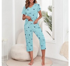 여성용 Zando 잠옷 2 피스 라운지 세트 만화 잠옷 세트 바지와 수면 매칭 세트 Capri PJS Print Sleepwear