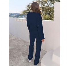 MEROKEETY 여성용 2 피스 복장 퍼지 플리스 파자마 세트 긴 소매 탑 와이드 레그 팬츠 Loungewear