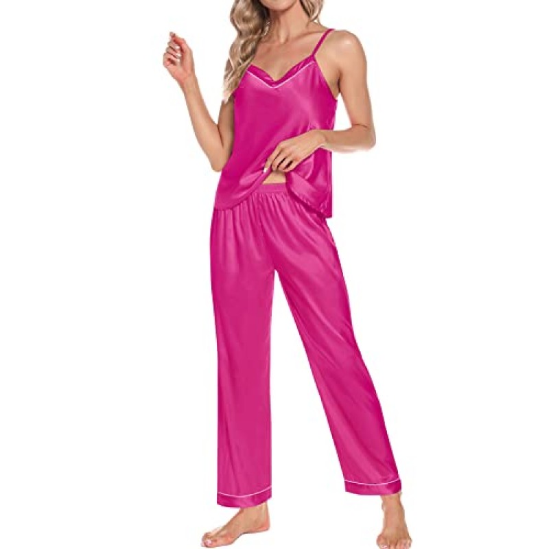 SWOMOG Womens 4pcs 잠옷 세트 버튼 다운 셔츠가있는 짧은 소매 캐미솔 Pjs 실크 새틴 잠옷 Loungewear