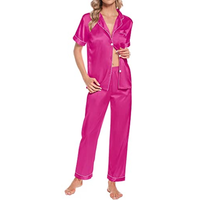 SWOMOG Womens 4pcs 잠옷 세트 버튼 다운 셔츠가있는 짧은 소매 캐미솔 Pjs 실크 새틴 잠옷 Loungewear