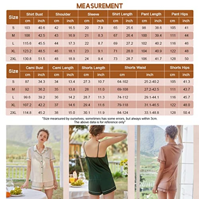 SWOMOG Womens 4pcs 잠옷 세트 버튼 다운 셔츠가있는 짧은 소매 캐미솔 Pjs 실크 새틴 잠옷 Loungewear