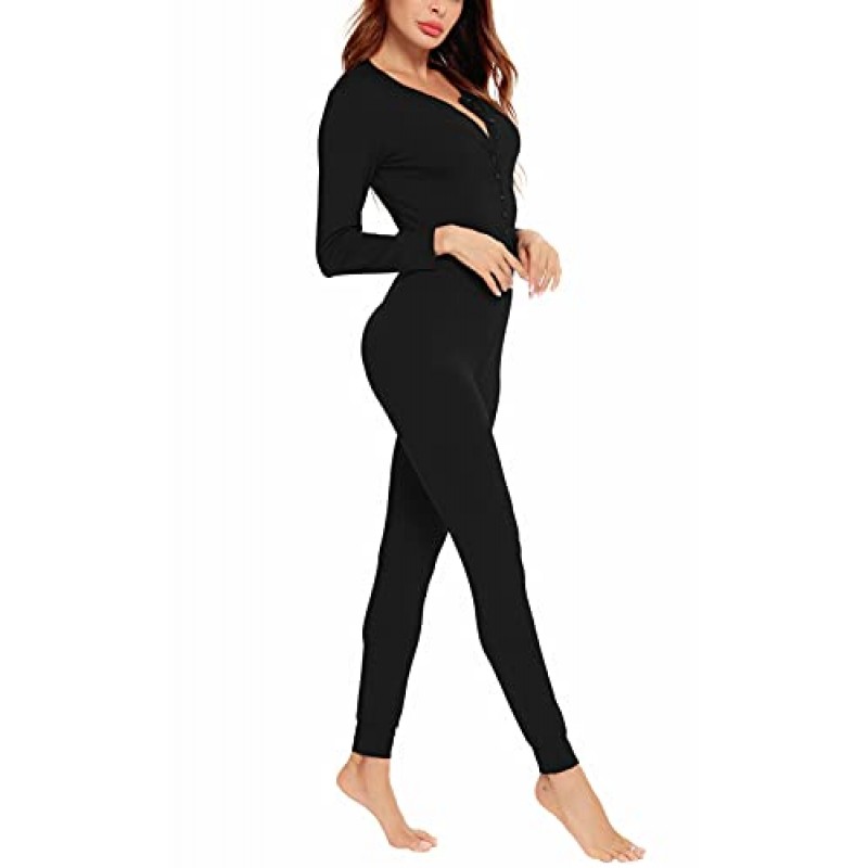 SWOMOG Womens Onesie 잠옷 점프 슈트 성인 원피스 잠옷 긴 소매 바디 슈트 버튼 유니온 슈트