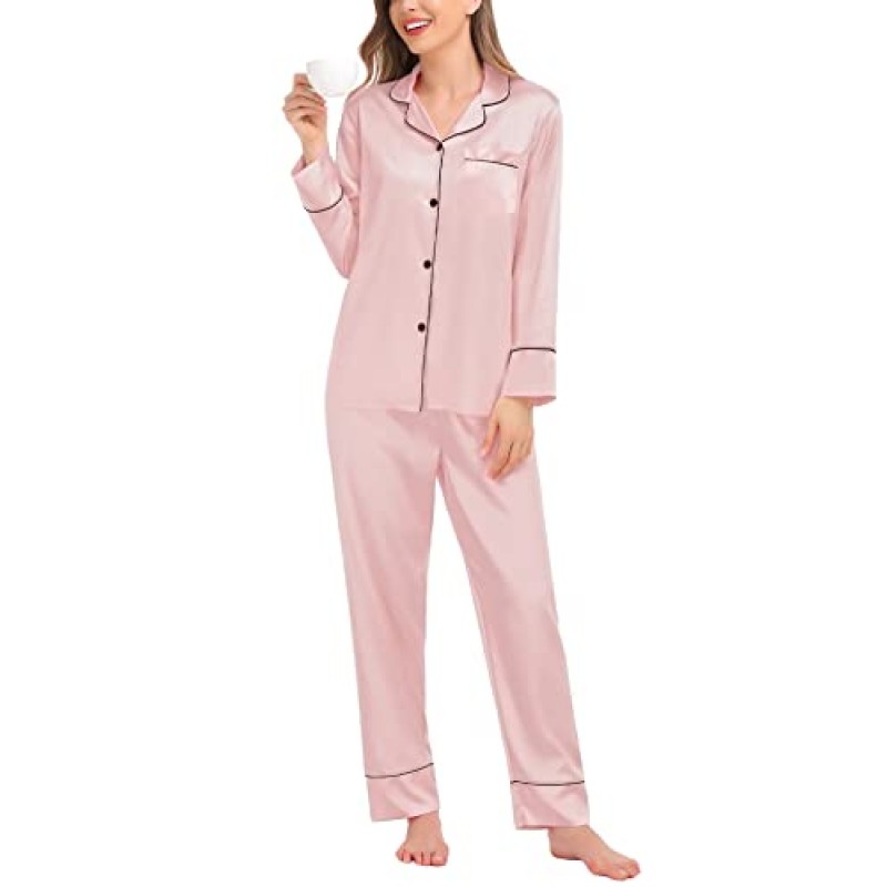 SWOMOG Womens 새틴 잠옷 긴 소매 잠옷 실크 소프트 버튼 다운 Loungewear Pjs 세트 S-XXL