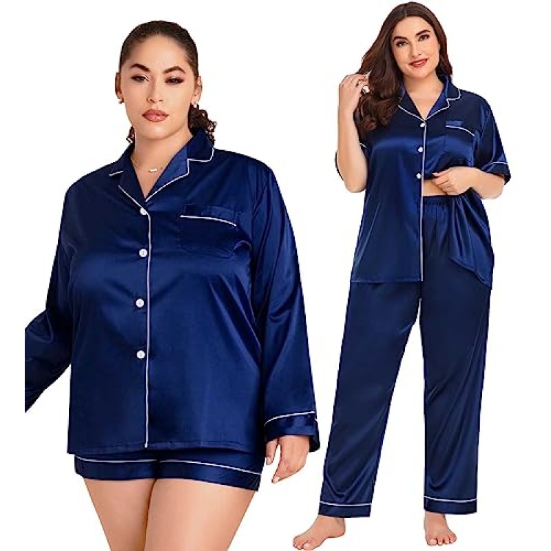 SWOMOG Womens 플러스 사이즈 잠옷 세트 실크 새틴 4 Pcs 잠옷 버튼 다운 Loungewear Silky Sleepwear Nightwear 16W-26W