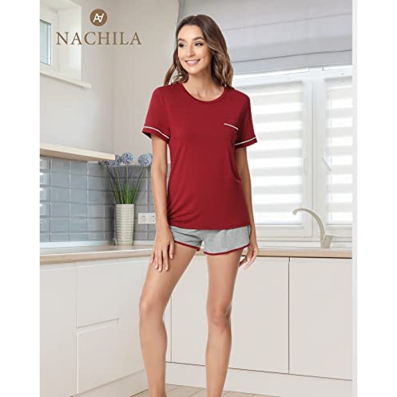 NACHILA 여성용 대나무 잠옷 세트 반소매 잠옷 소프트 파자마 반바지 세트(포켓 포함) S-4XL