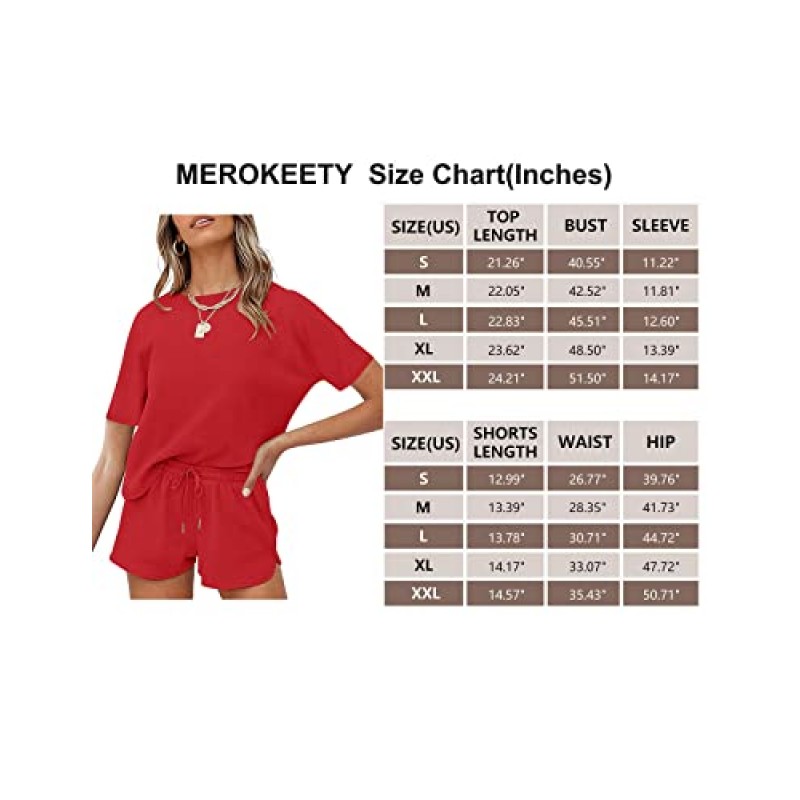 MEROKEETY 여성용 반팔 와플 파자마 세트 라운지 탑과 반바지 2 Piece Tracksuit Outfit