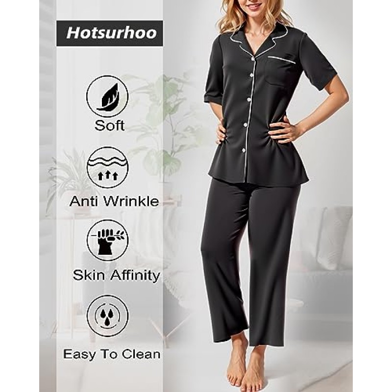 Hotsurhoo Womens Pajamas 세트 짧은 소매 버튼 다운 잠옷 긴 바지 소프트 Pjs 포켓 S-L 세트