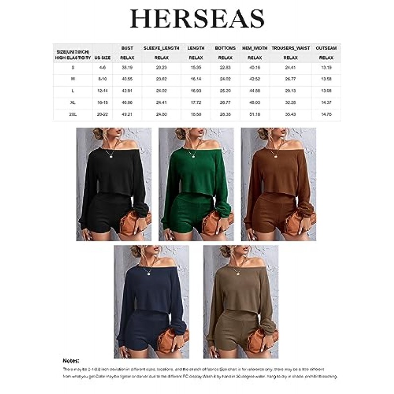 Herseas Womens 2 Piece 복장 골지 니트 오프 숄더 크롭 탑 하이트 허리 반바지 파자마 라운지 세트